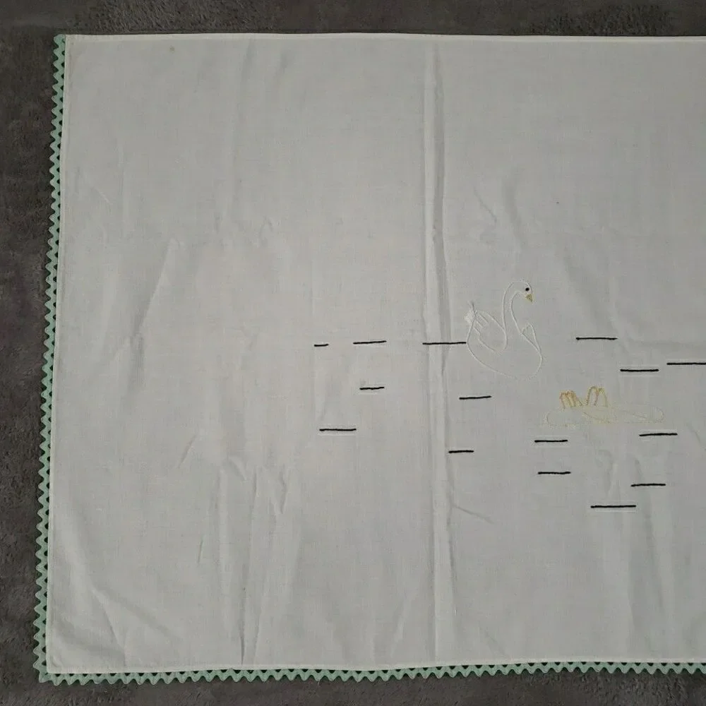 Embroidered Table Runner Swans Lilly Pad Mint Green Rick Rack 25
